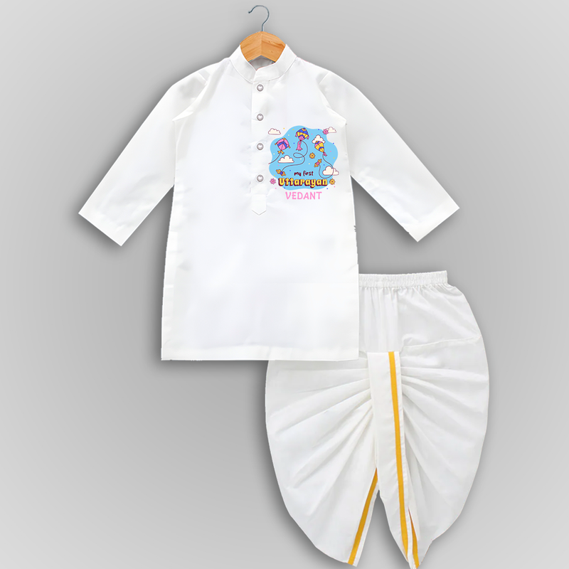 My First Uttarayan - Customized Drapped Dhoti For Kids - WHITE - 0 - 6 Month Old (Chest 24", Kurta Length 14" , Waist 19", Dhoti Length 14")