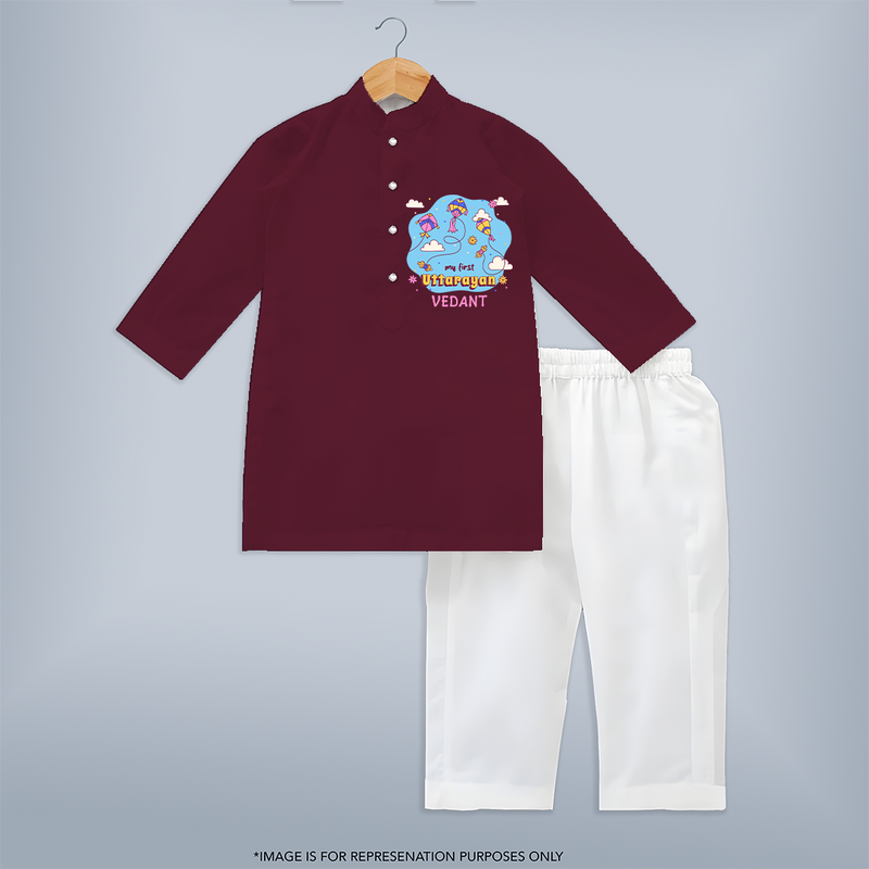 My First Uttarayan - Customized Kurta Set For Kids - MAROON - 3 - 6 Months Old (Chest 24", Kurta Length 14'', Waist 19", Pant Length 14")