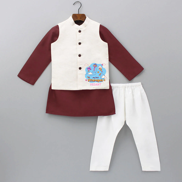 My First Uttarayan - Customized Kurta WaistCoat For Kids - MAROON - 3 - 6 Months Old (Chest 24", Kurta Length 14'', Waist 19", Pant Length 14")