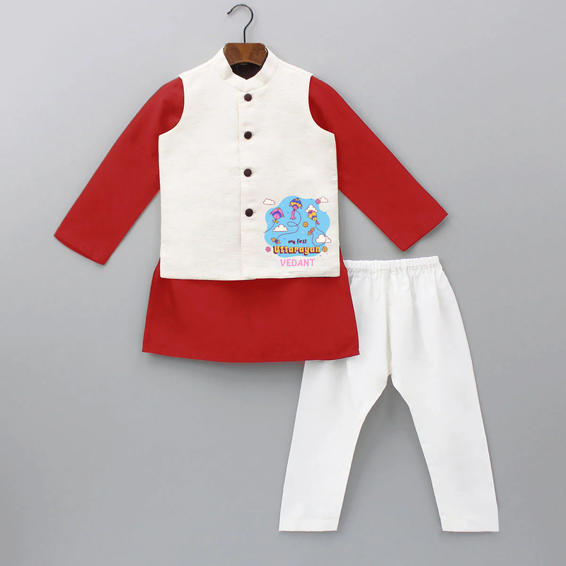 My First Uttarayan - Customized Kurta WaistCoat For Kids - RED - 3 - 6 Months Old (Chest 24", Kurta Length 14'', Waist 19", Pant Length 14")