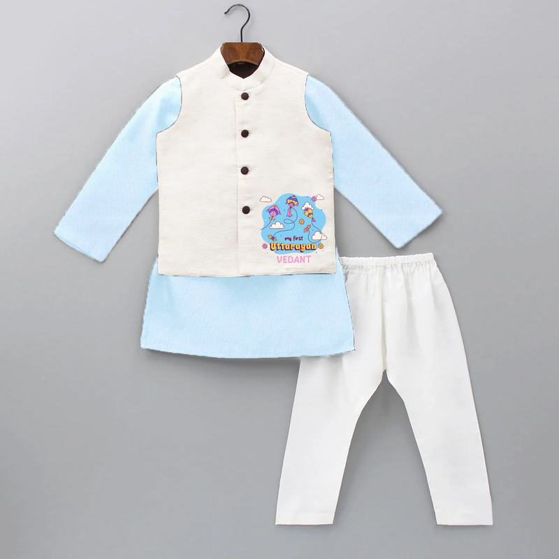 My First Uttarayan - Customized Kurta WaistCoat For Kids - SKY BLUE - 3 - 6 Months Old (Chest 24", Kurta Length 14'', Waist 19", Pant Length 14")