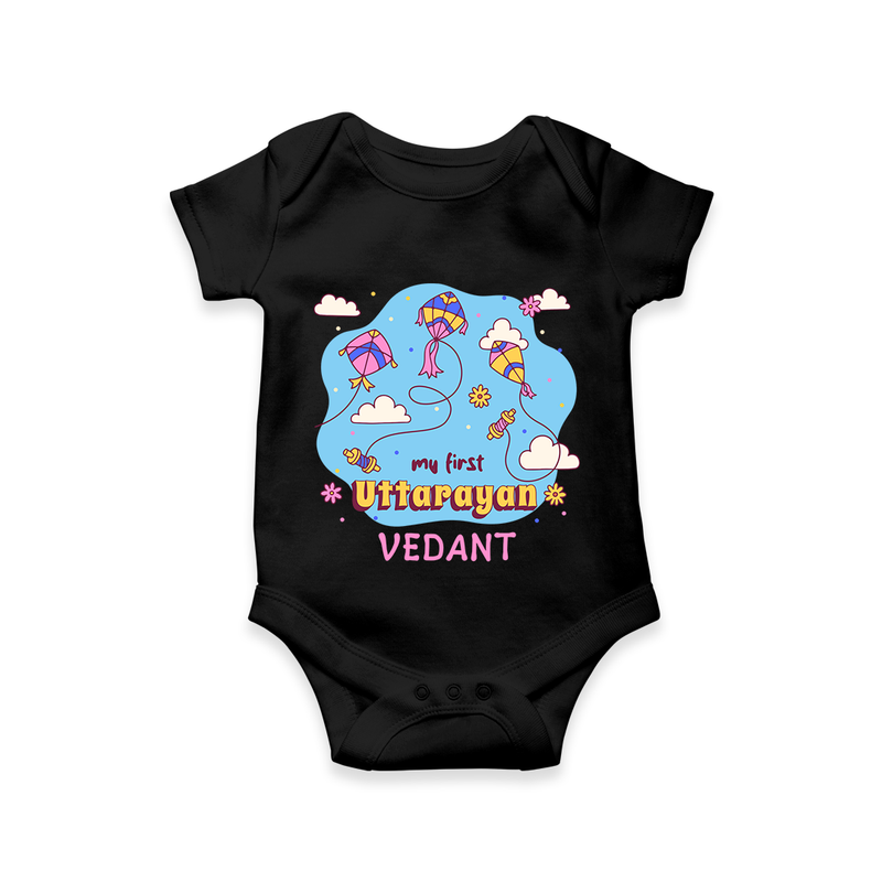 My First Uttarayan - Customized Romper For Babies - BLACK - 0 - 3 Months Old (Chest 16")