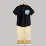 My First Uttarayan - Customized Raw Silk Shirt And Dhoti For Kids - BLACK - 0 - 6 Months Old (Chest-23") (Dhoti length-14")