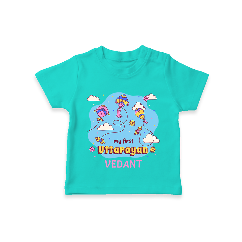 My First Uttarayan - Customized T-Shirt For Kids - TEAL - 0-5 Months Old (Chest 17")