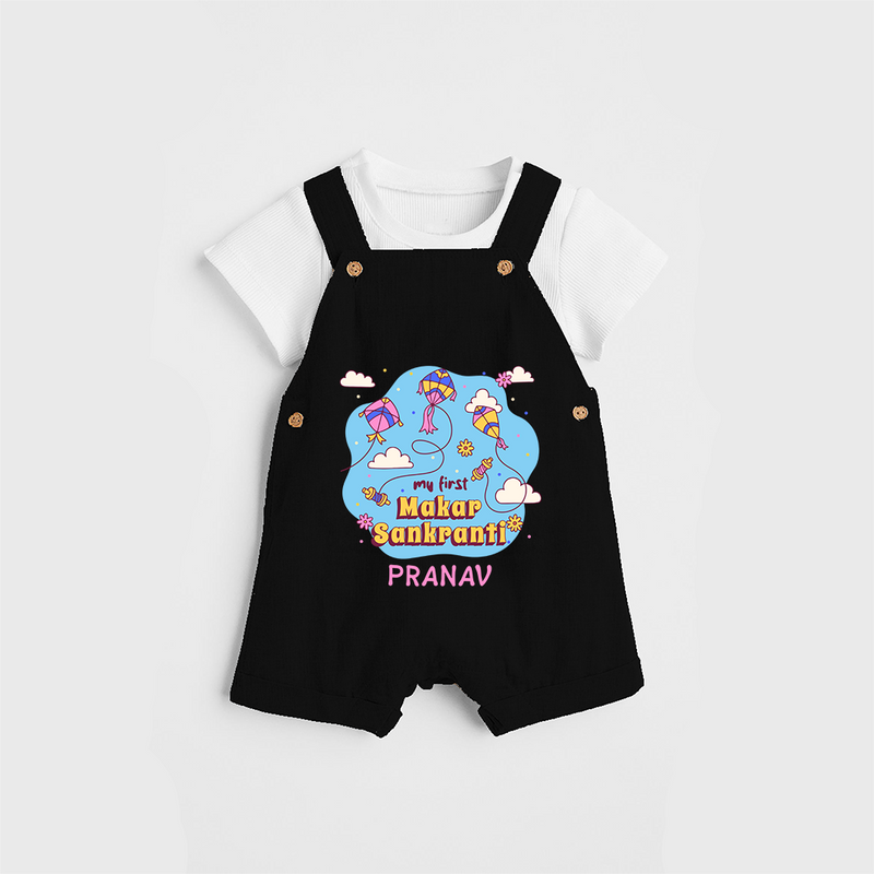 My First Makar Sankranti - Customized Dungaree Set For Kids - BLACK - 0 - 5 Months Old (Chest 18")