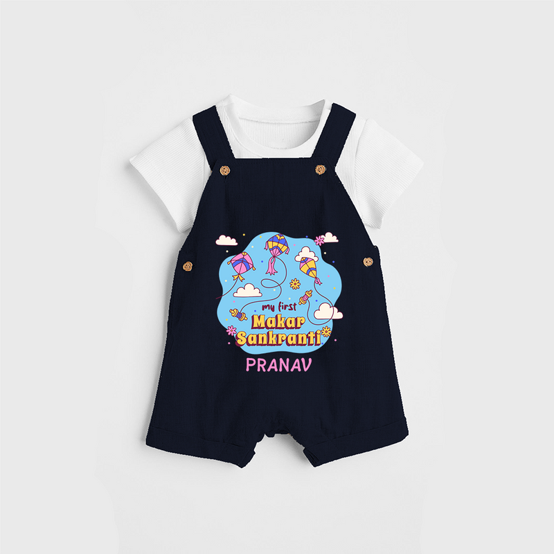 My First Makar Sankranti - Customized Dungaree Set For Kids - NAVY BLUE - 0 - 5 Months Old (Chest 18")