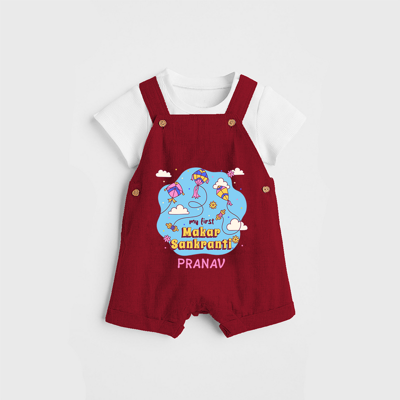 My First Makar Sankranti - Customized Dungaree Set For Kids - RED - 0 - 5 Months Old (Chest 18")