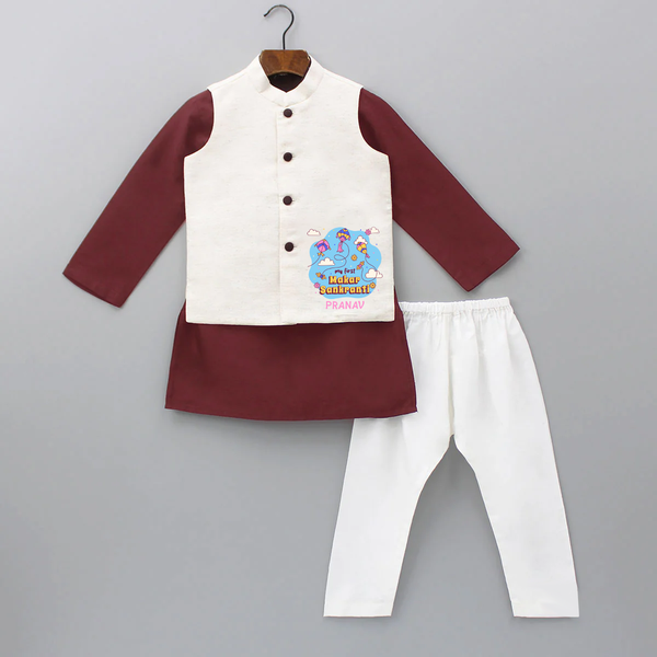 My First Makar Sankranti - Customized Kurta WaistCoat For Kids - MAROON - 3 - 6 Months Old (Chest 24", Kurta Length 14'', Waist 19", Pant Length 14")