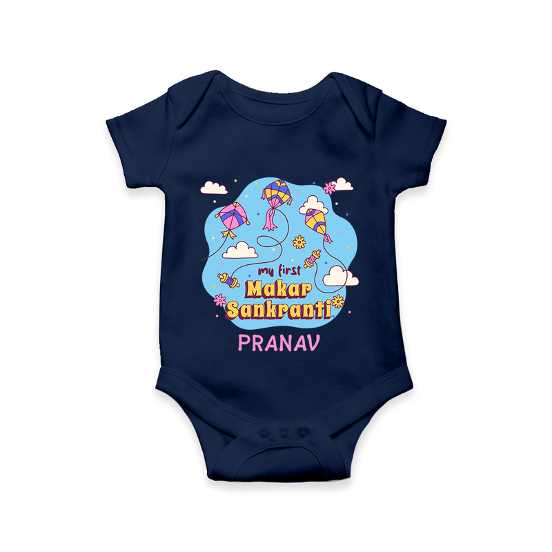 My First Makar Sankranti - Customized Romper For Babies - NAVY BLUE - 0 - 3 Months Old (Chest 16")