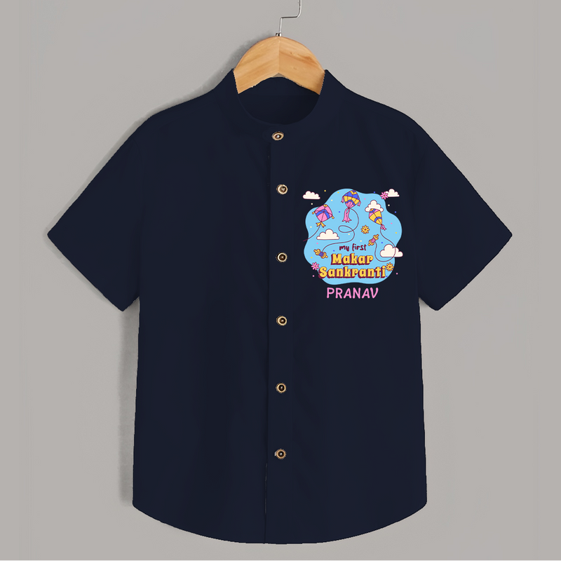 My First Makar Sankranti - Customized Shirt For Kids - NAVY BLUE - 0 - 6 Months Old (Chest 23")