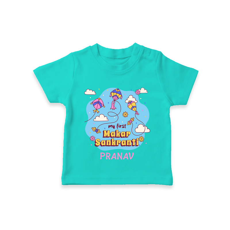 My First Makar Sankranti - Customized T-Shirt For Kids - TEAL - 0-5 Months Old (Chest 17")