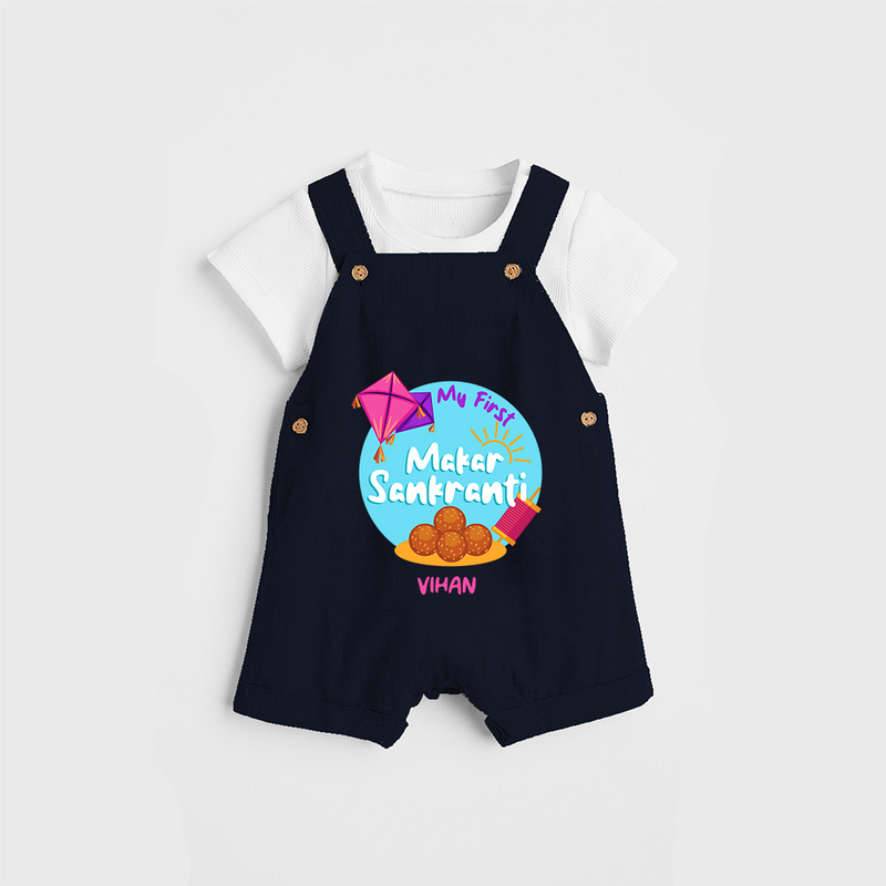 My 1st Makar Sankranti - Customized Dungaree Set For Kids - NAVY BLUE - 0 - 5 Months Old (Chest 18")