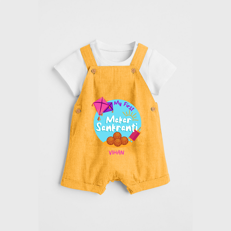 My 1st Makar Sankranti - Customized Dungaree Set For Kids - PASTEL YELLOW - 0 - 5 Months Old (Chest 18")