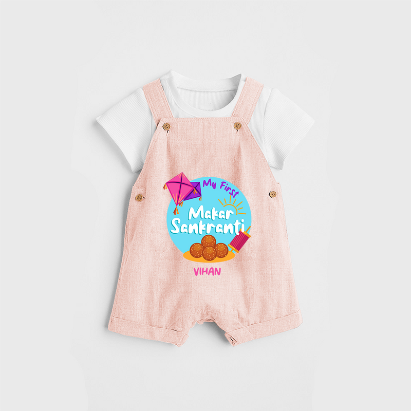 My 1st Makar Sankranti - Customized Dungaree Set For Kids - PEACH - 0 - 5 Months Old (Chest 18")