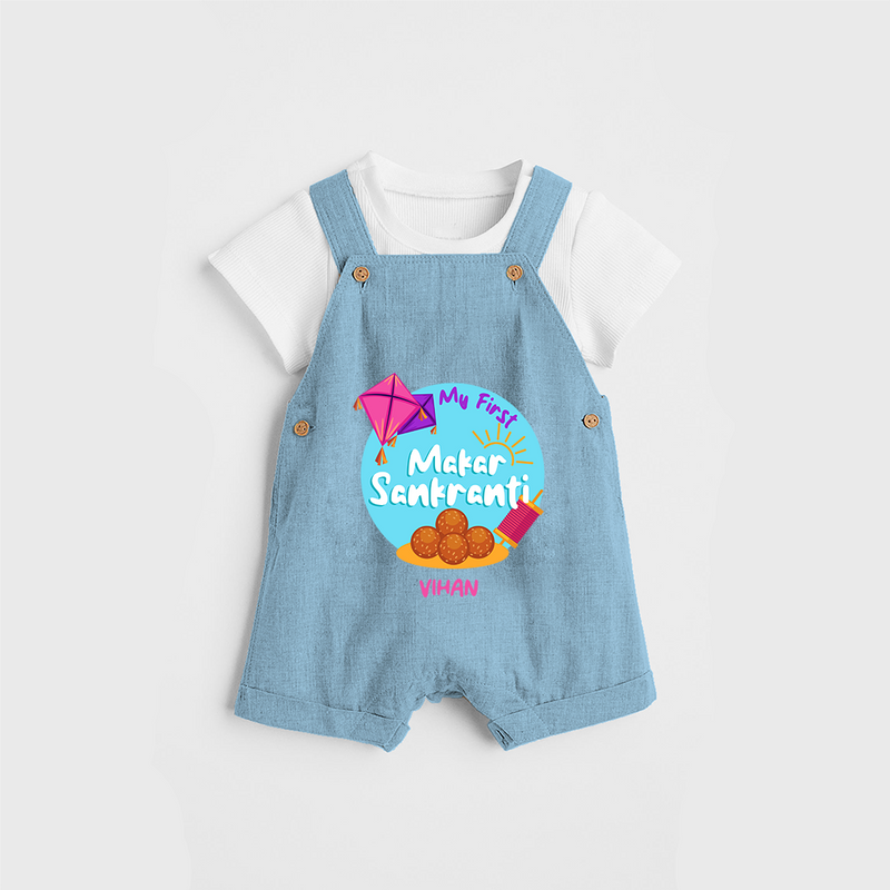 My 1st Makar Sankranti - Customized Dungaree Set For Kids - SKY BLUE - 0 - 5 Months Old (Chest 18")