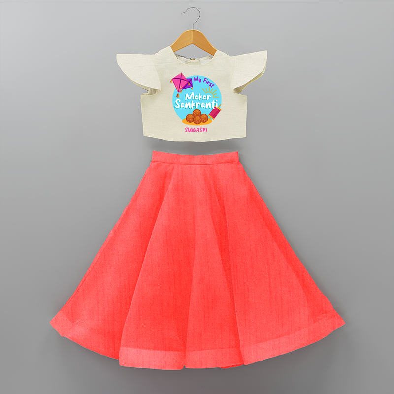 My 1st Makar Sankranti - Customized Crop Top And Skirt For Kids - RED - 6 - 9 Months Old (Chest 20" , Frock Waist 20")