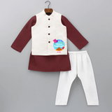 My 1st Makar Sankranti - Customized Kurta WaistCoat For Kids - MAROON - 3 - 6 Months Old (Chest 24", Kurta Length 14'', Waist 19", Pant Length 14")