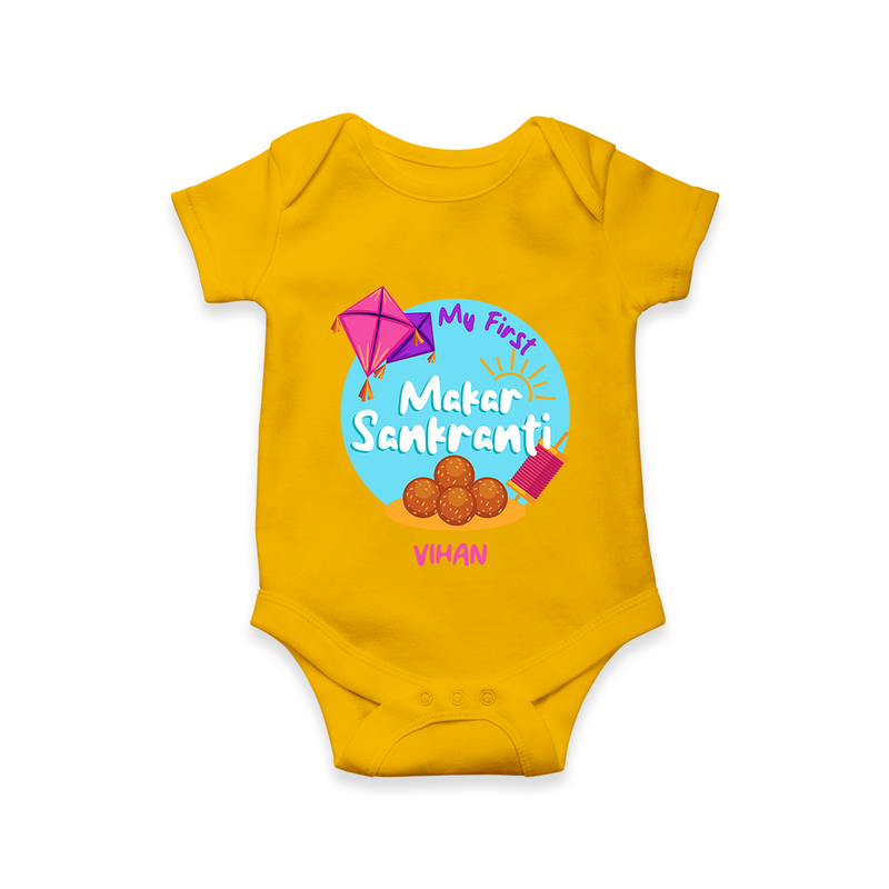 My 1st Makar Sankranti - Customized Romper For Babies - CHROME YELLOW - 0 - 3 Months Old (Chest 16")