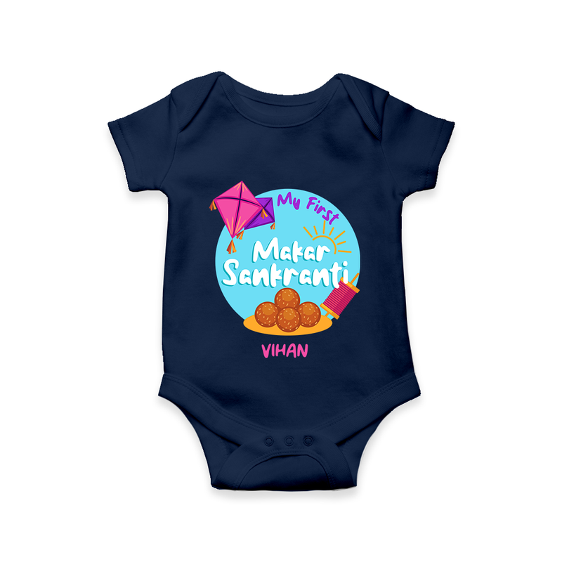 My 1st Makar Sankranti - Customized Romper For Babies - NAVY BLUE - 0 - 3 Months Old (Chest 16")