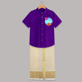 My 1st Makar Sankranti - Customized Raw Silk Shirt And Dhoti For Kids - PURPLE LUXE - 0 - 6 Months Old (Chest-23") (Dhoti length-14")