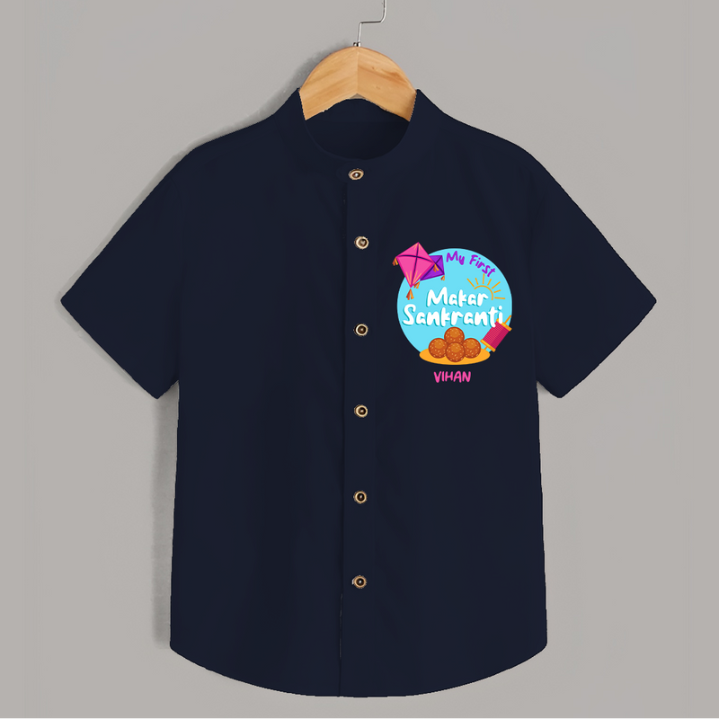 My 1st Makar Sankranti - Customized Shirt For Kids - NAVY BLUE - 0 - 6 Months Old (Chest 23")