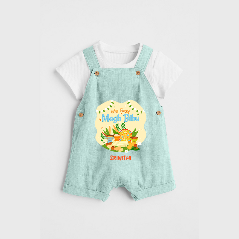 My First Magh Bihu - Customized Dungaree Set For Kids - ARCTIC BLUE - 0 - 5 Months Old (Chest 18")