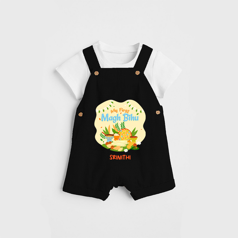 My First Magh Bihu - Customized Dungaree Set For Kids - BLACK - 0 - 5 Months Old (Chest 18")