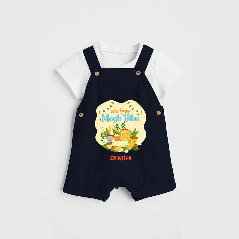 My First Magh Bihu - Customized Dungaree Set For Kids - NAVY BLUE - 0 - 5 Months Old (Chest 18")