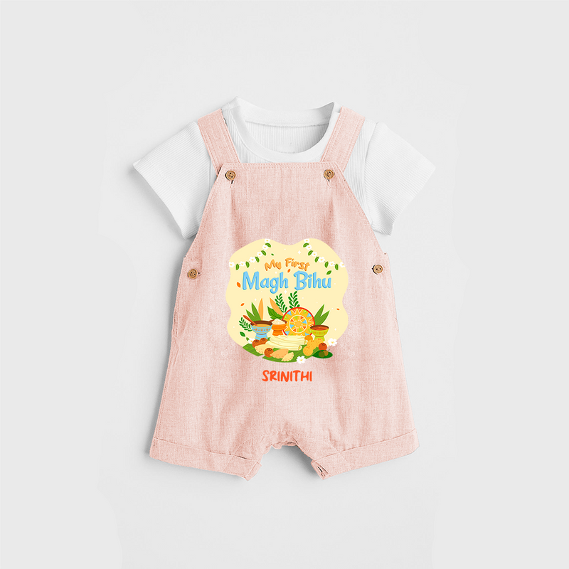 My First Magh Bihu - Customized Dungaree Set For Kids - PEACH - 0 - 5 Months Old (Chest 18")