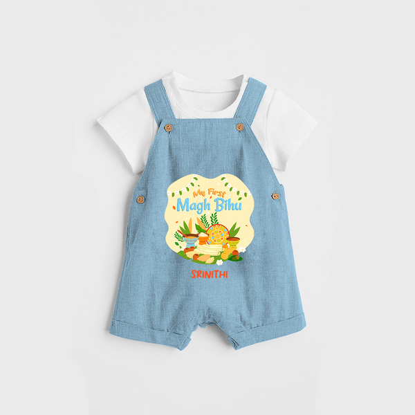 My First Magh Bihu - Customized Dungaree Set For Kids - SKY BLUE - 0 - 5 Months Old (Chest 18")