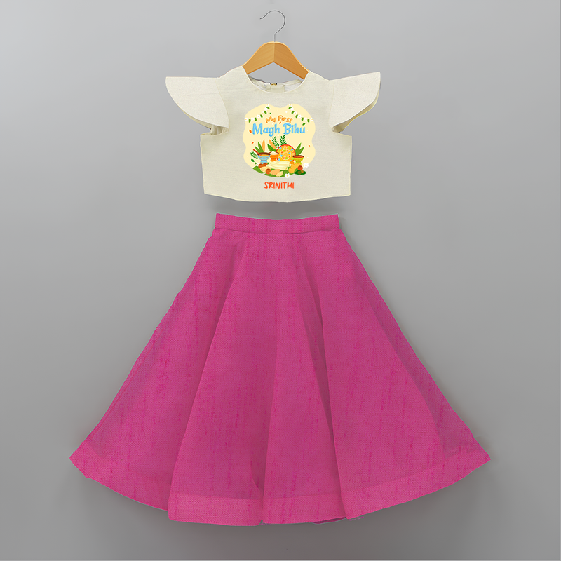 My First Magh Bihu - Customized Crop Top And Skirt For Kids - FUSCHIA - 6 - 9 Months Old (Chest 20" , Frock Waist 20")