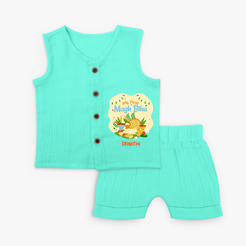 My First Magh Bihu - Customized Jabla For Kids - AQUA GREEN - 0 - 3 Months Old (Chest 9.8")