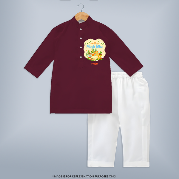 My First Magh Bihu - Customized Kurta Set For Kids - MAROON - 3 - 6 Months Old (Chest 24", Kurta Length 14'', Waist 19", Pant Length 14")