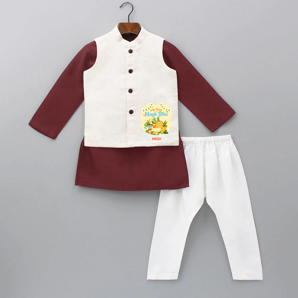 My First Magh Bihu - Customized Kurta WaistCoat For Kids - MAROON - 3 - 6 Months Old (Chest 24", Kurta Length 14'', Waist 19", Pant Length 14")