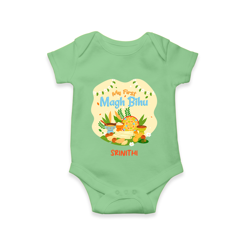 My First Magh Bihu - Customized Romper For Babies - GREEN - 0 - 3 Months Old (Chest 16")