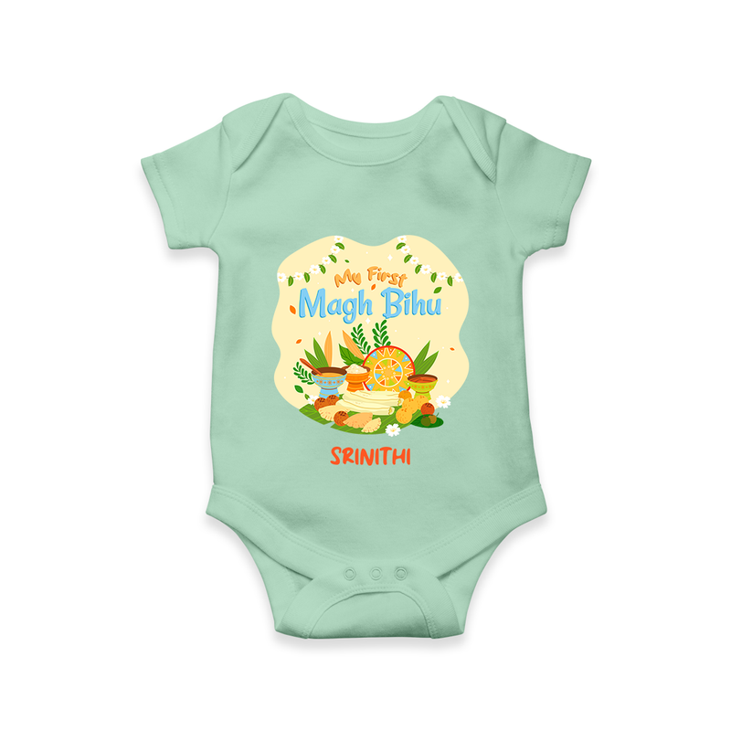 My First Magh Bihu - Customized Romper For Babies - MINT GREEN - 0 - 3 Months Old (Chest 16")