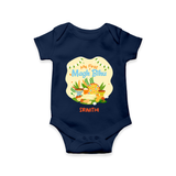 My First Magh Bihu - Customized Romper For Babies - NAVY BLUE - 0 - 3 Months Old (Chest 16")