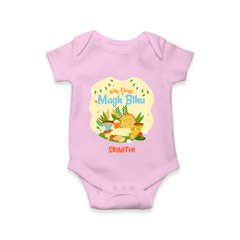 My First Magh Bihu - Customized Romper For Babies - PINK - 0 - 3 Months Old (Chest 16")