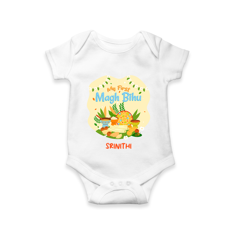 My First Magh Bihu - Customized Romper For Babies - WHITE - 0 - 3 Months Old (Chest 16")