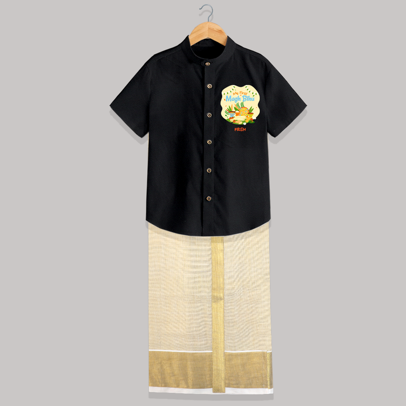 My First Magh Bihu - Customized Raw Silk Shirt And Dhoti For Kids - BLACK - 0 - 6 Months Old (Chest-23") (Dhoti length-14")