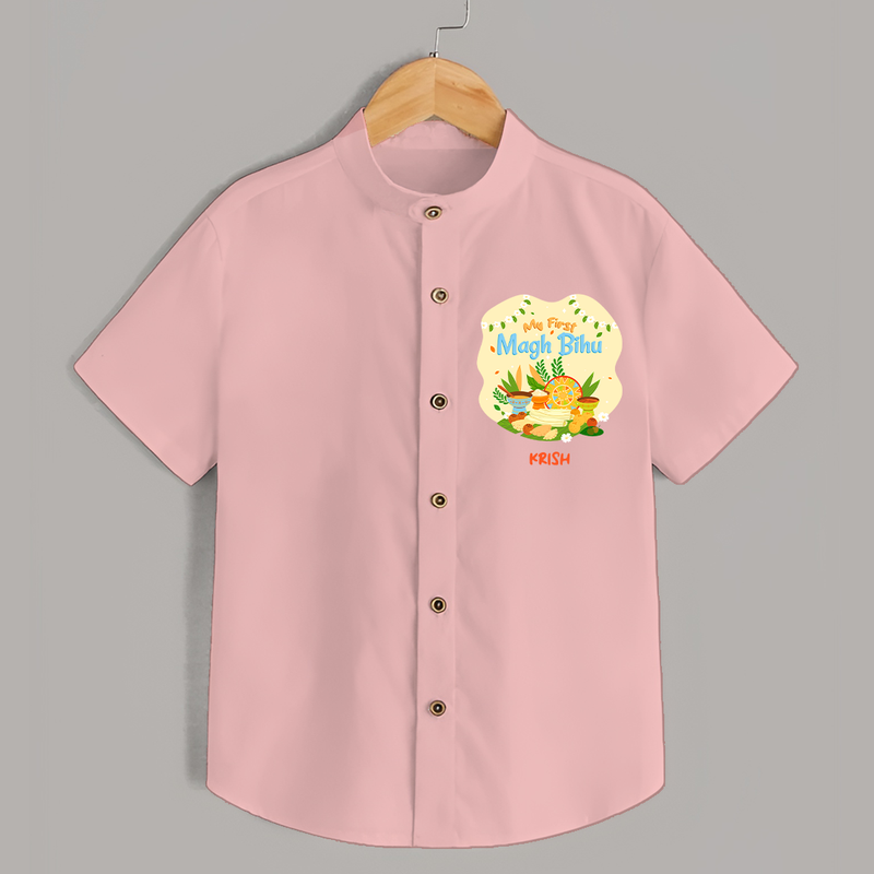 My First Magh Bihu - Customized Shirt For Kids - PEACH - 0 - 6 Months Old (Chest 23")