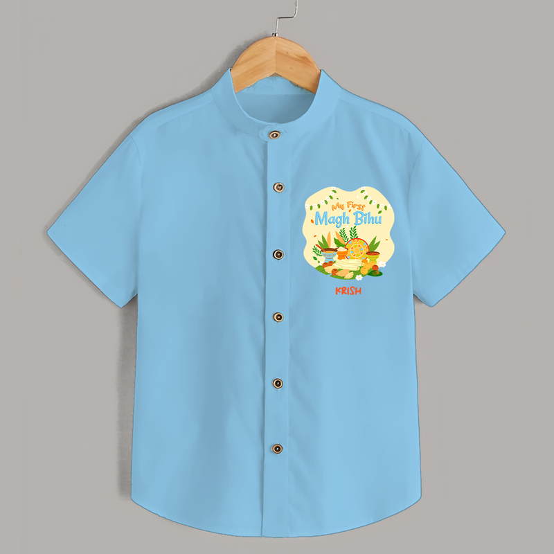 My First Magh Bihu - Customized Shirt For Kids - SKY BLUE - 0 - 6 Months Old (Chest 23")