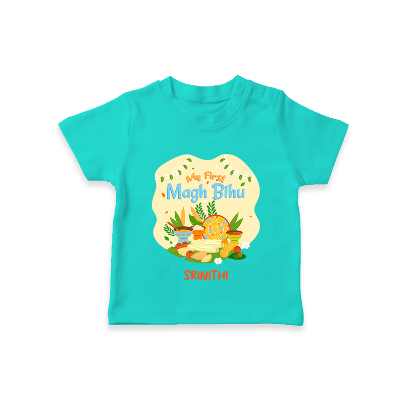 My First Magh Bihu - Customized T-Shirt For Kids - TEAL - 0-5 Months Old (Chest 17")