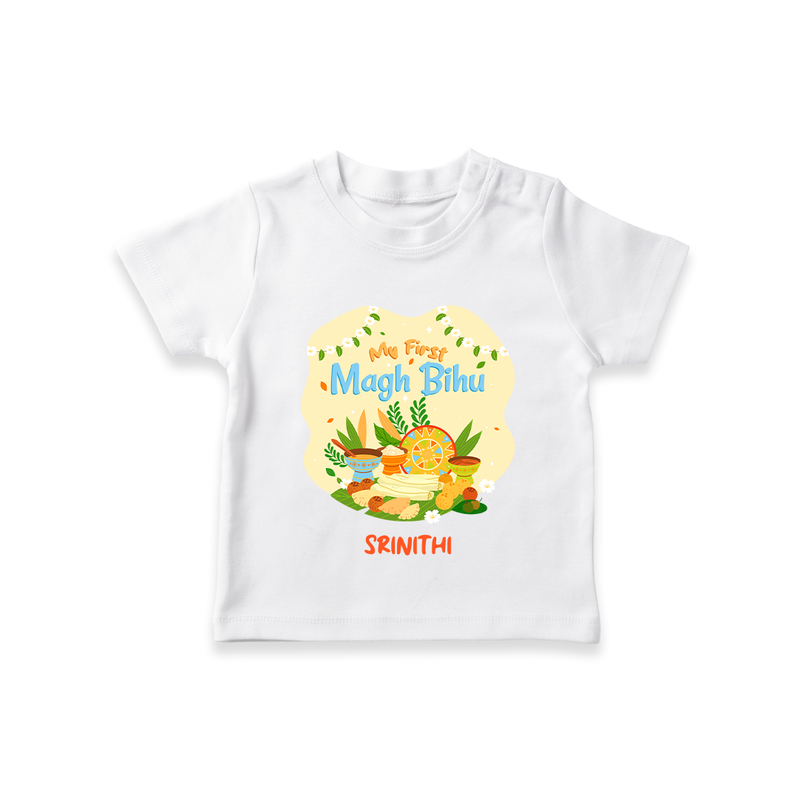 My First Magh Bihu - Customized T-Shirt For Kids - WHITE - 0-5 Months Old (Chest 17")