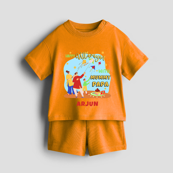 Happy Uttarayan With Mummy Papa   - Customized Co-ord Set For Kids - TANGERINE - 1-2 Years Old (Chest 22")