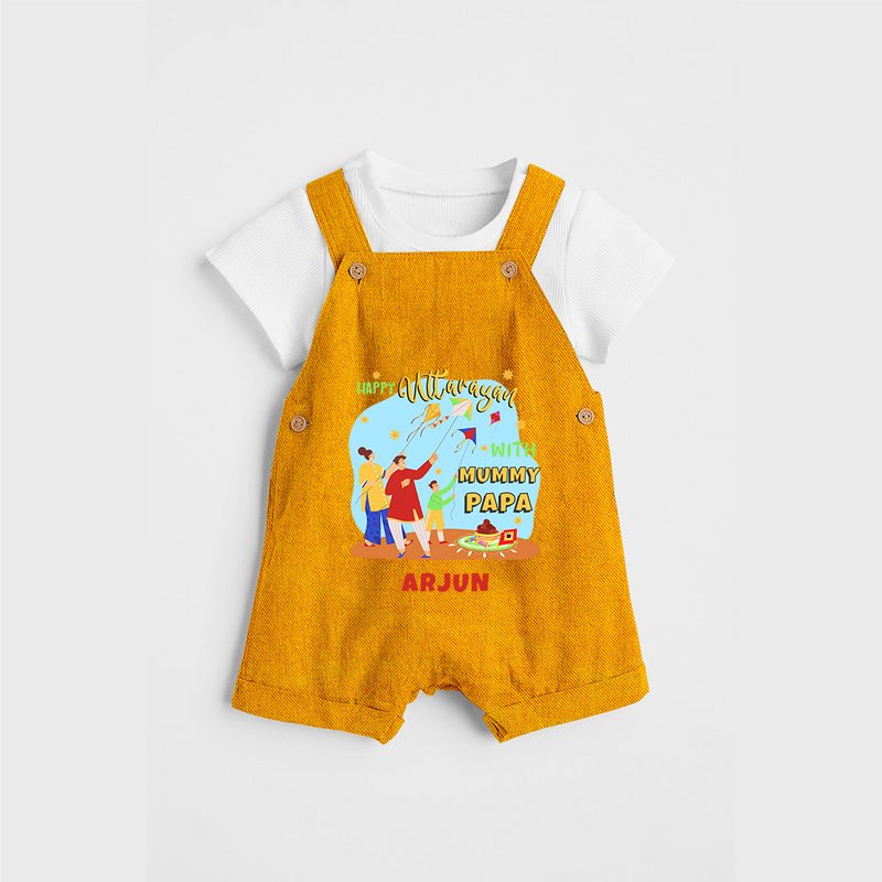 Happy Uttarayan With Mummy Papa   - Customized Dungaree Set For Kids - CHROME YELLOW - 0 - 5 Months Old (Chest 18")