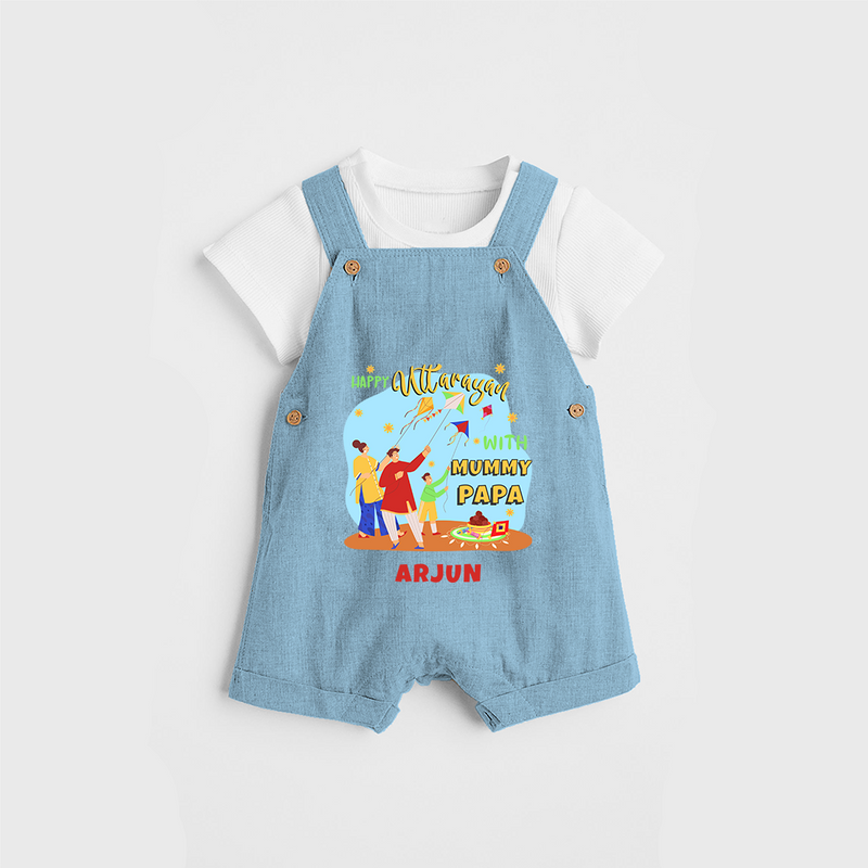 Happy Uttarayan With Mummy Papa   - Customized Dungaree Set For Kids - SKY BLUE - 0 - 5 Months Old (Chest 18")