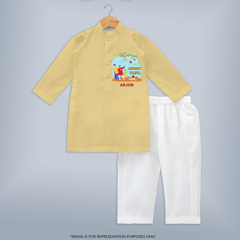 Happy Uttarayan With Mummy Papa   - Customized Kurta Set For Kids - YELLOW - 3 - 6 Months Old (Chest 24", Kurta Length 14'', Waist 19", Pant Length 14")