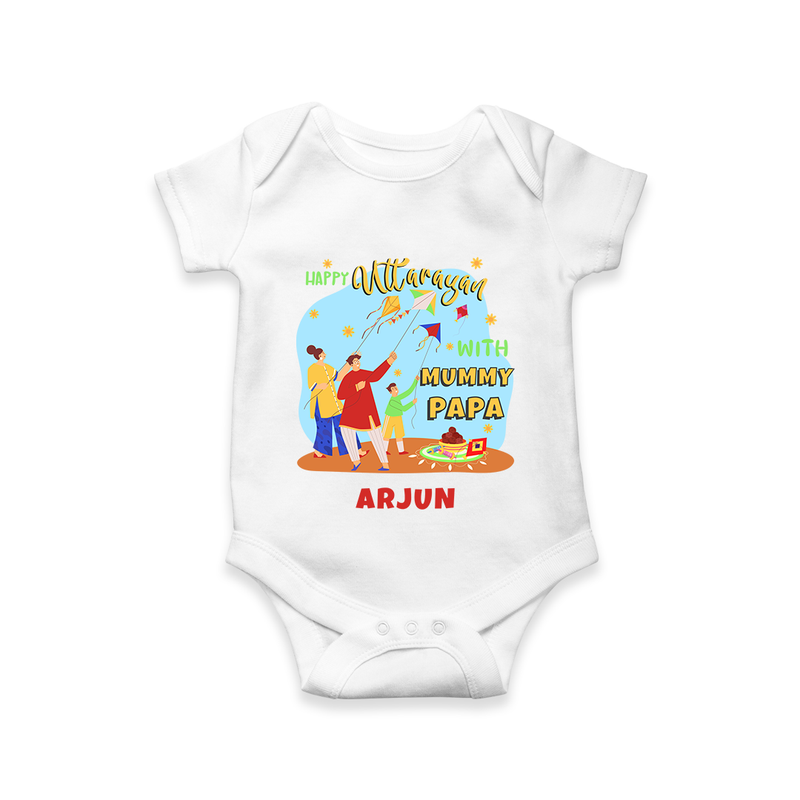 Happy Uttarayan With Mummy Papa   - Customized Romper For Babies - WHITE - 0 - 3 Months Old (Chest 16")