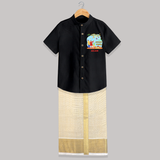 Happy Uttarayan With Mummy Papa   - Customized Raw Silk Shirt And Dhoti For Kids - BLACK - 0 - 6 Months Old (Chest-23") (Dhoti length-14")